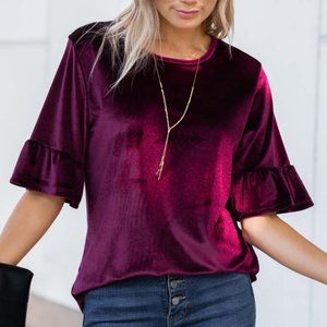 AMARYLLIS | Wine Velvet Ruffle-Accent Short-Sleeve Top (Size: Medium)